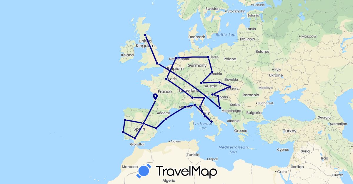 TravelMap itinerary: driving in Austria, Czech Republic, Germany, Spain, France, United Kingdom, Croatia, Hungary, Italy, Netherlands, Portugal, Slovenia (Europe)